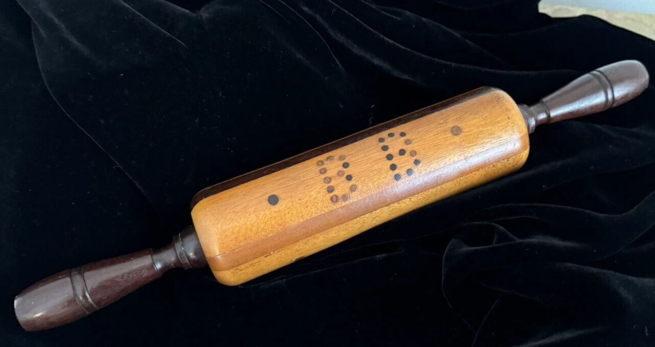 Vintage Wooden Rolling Pin Two Tone Inlay Wood Initials B B 16" Wide
