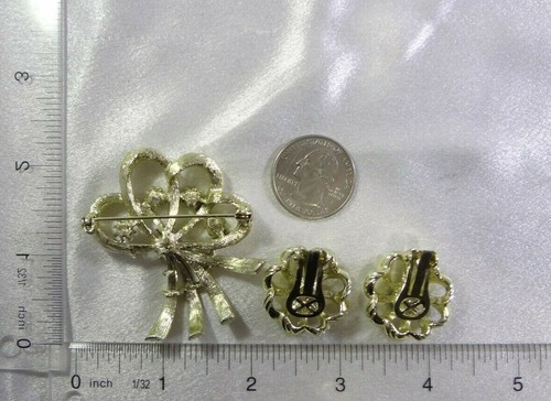 Vintage Brosche & Ohrclips Set Rootbeer Strass goldfarbene Metallschleifen! - Bild 4 von 4