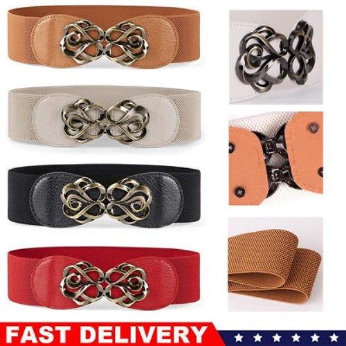 4Pack Women Elastic Waist Belt for Dress Vintage Stretch Cinch Belt Retro Buckle