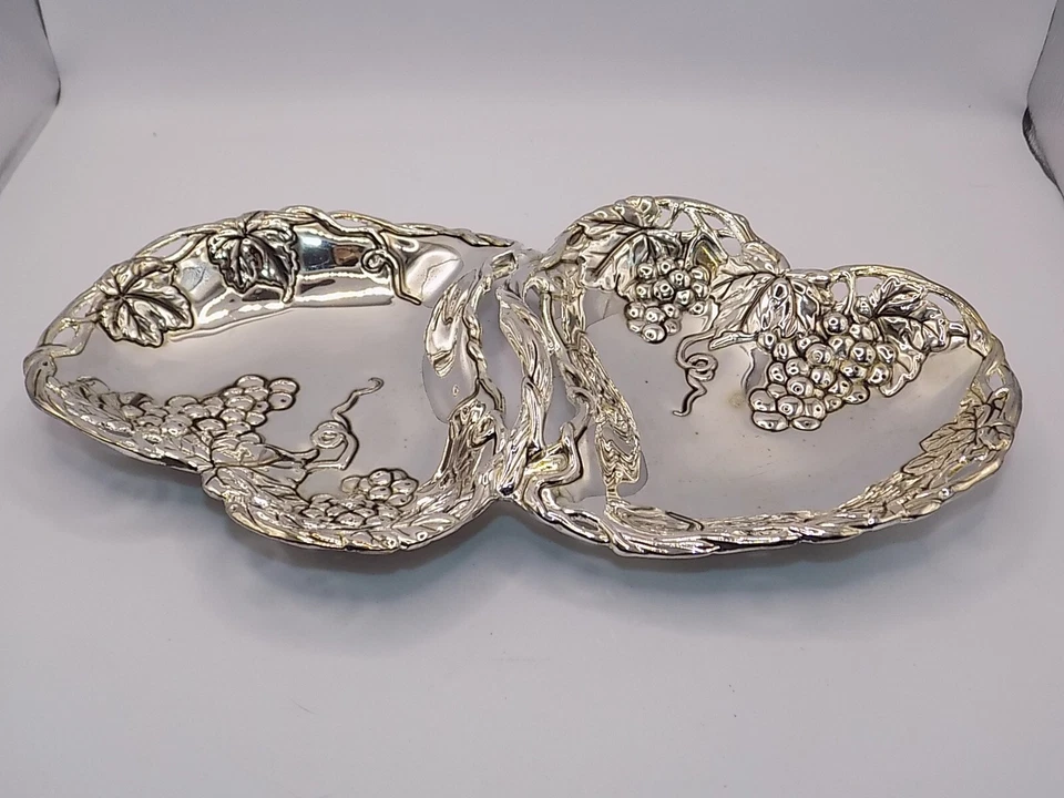 Godinger Double Heart Silver Dish Grape Plated Design Art Serving Candy Trinket - Image 4 of 4