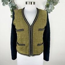 Mango Suit Blazer Jacket S Boucle Gold Chain Accent Green Black Cotton Blend