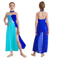 Kids Girls Bodysuit Lyrical Dancewear Class Dress Color Block Unitard Sparkly