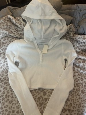 NWT Aeropostale White Long Sleeve Cropped Hoodie Waffle Knit Henley Top Wms S