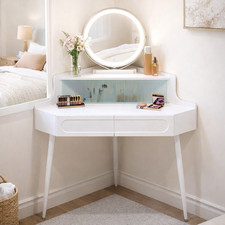 Dressing Table Corner Vanity Desk Storage Mirror Adjustable LED Drawers White