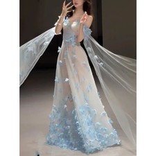 Fairy Blue A-line Evening Gown Fashion 3D Followers Floor-Length Birthday Dress