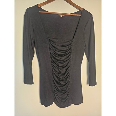 Boston Proper Ruched Square Neck Top Women Small Black 3/4 Sleeve Pima Cotton