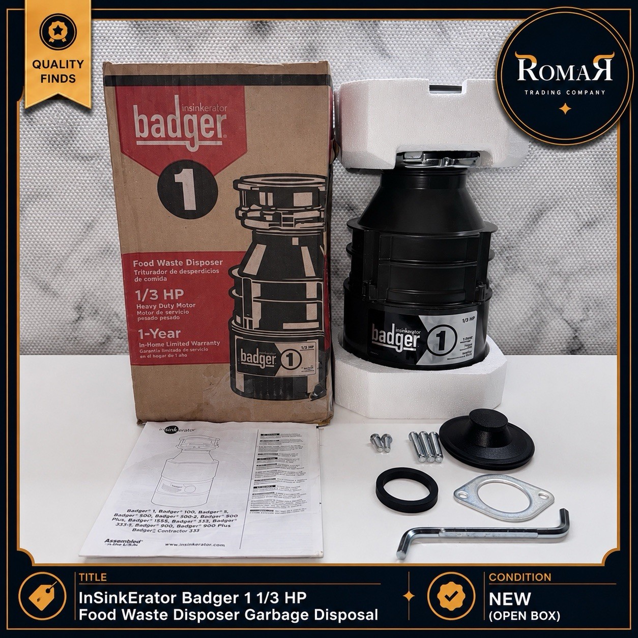 InSinkErator Badger 1 1/3 HP Food Waste Disposer Open Box Missing Parts