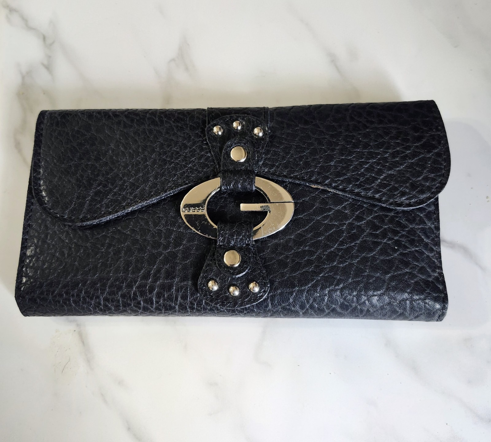 GUESS Black Folding Wallet with Logo, Stud, and Zipper Accents