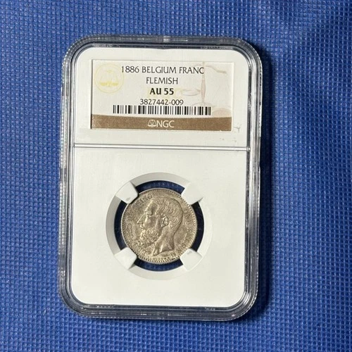 Rare Key Date 1886 Belgium Flemish KM-29.1 1 Franc, NGC AU 55