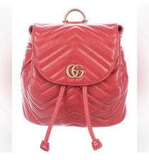 Gucci Marmont Red Chevron Quilted GG Logo Dra...