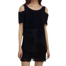 Cooper & Ella Black Textured Cold Shoulder Fringe Mini Shift Dress XS