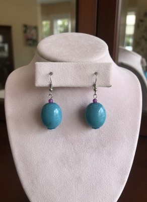 Blue Oval Earrings With Purple Accent Handmade FAST SHIPPING