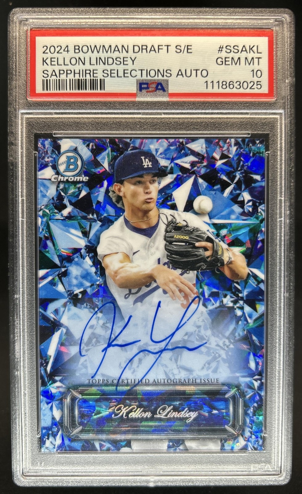2024 Bowman Draft Sapphire Kellon Lindsey Selections Auto #SSA-KL Dodgers PSA 10