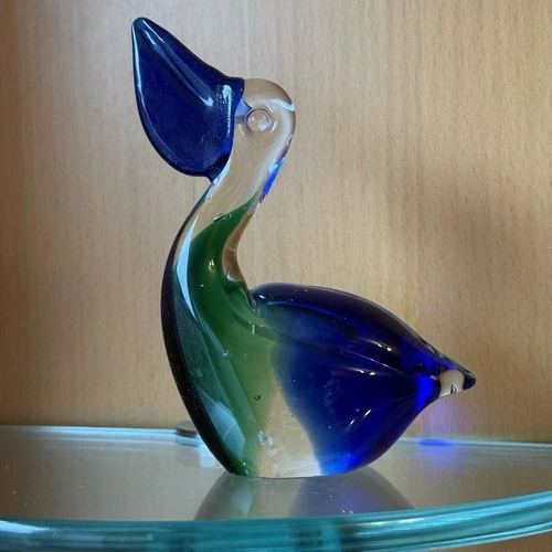 Murano Art Glass Pelican Figurine Blue Green 5.5”