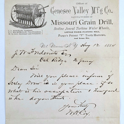 1884 Letterhead Missouri Grain Drill Genesee Valley Mfg Co Water Wheels Etc
