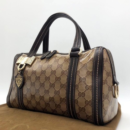 GUCCI GG Boston Hand Bag Ziplock Leather Canvas Brown Beige Gold Hardware Japan