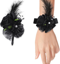 Elegant Corsage and Boutonniere Set with Adjustable Ribbon - Black 2Pcs