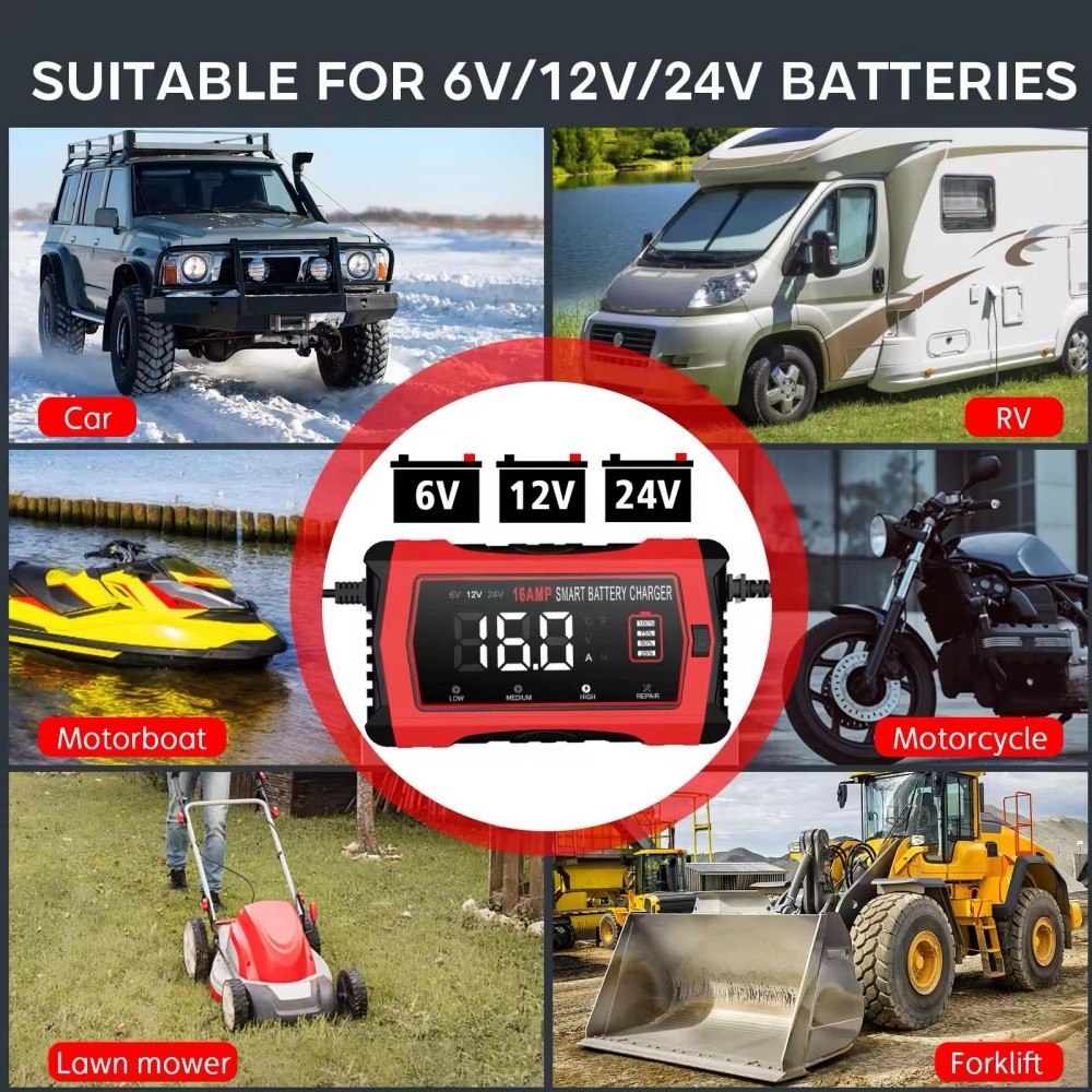 6V/12V/24V 16-Amp Fully-Automatic Car Battery Charger Maintainer Trickle Charger
