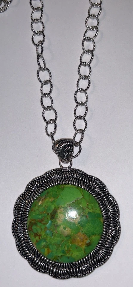 Barse Thailand Green Turquoise Pendant Necklace 18” Rope Link Adjustable; Silver - Image 3 of 4