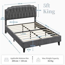 5FT King Upholstered Bed Frame Adjustable Button-Tufted Velvet Headboard, Grey