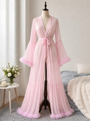 Blush Pink Crystal Ruffle Trim Maxi Robe   Bell Sleeve Bridal Loungewear