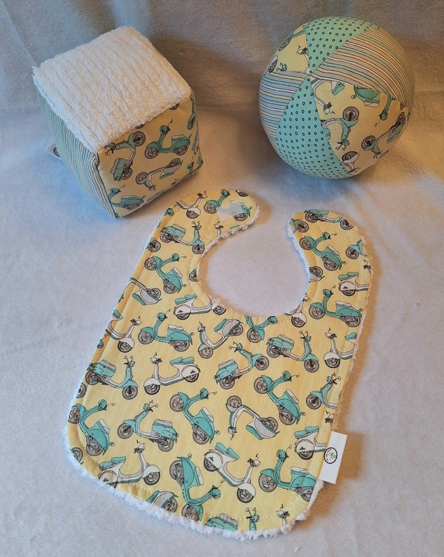 Boutique Baby Toddler Gift Set - Yellow And Aqua Vespas - Bib, Block, And Ball