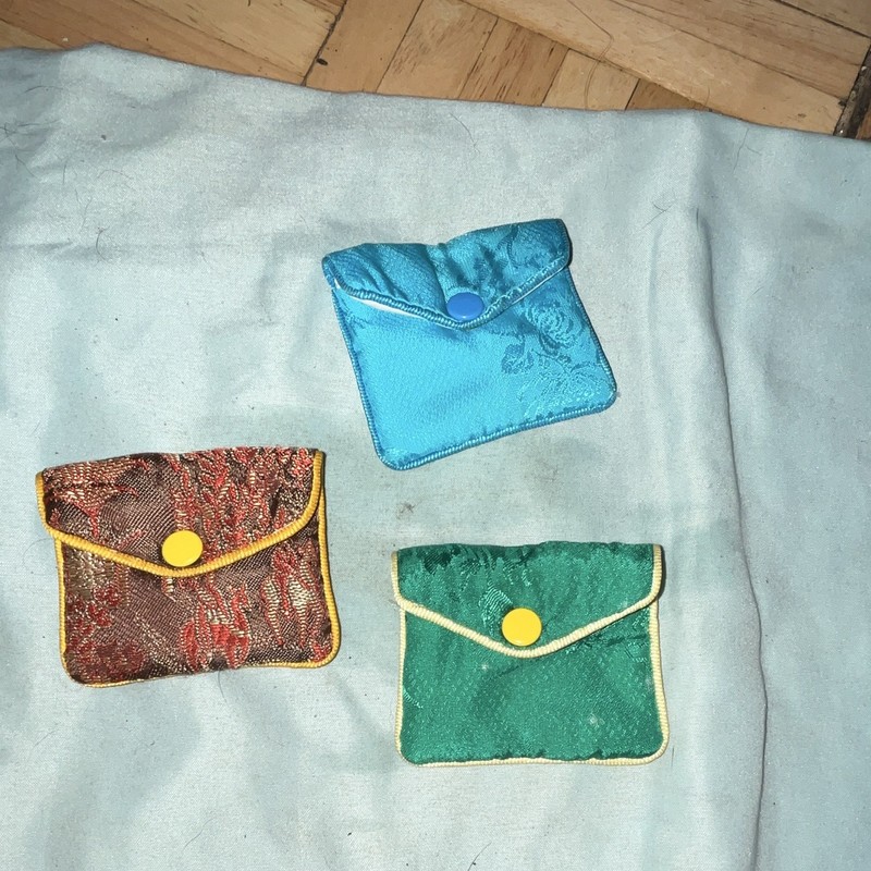 Set of 3 Small Brocade Fabric Snap-Closure Jewelry Pouches Blue Green Red/Gold