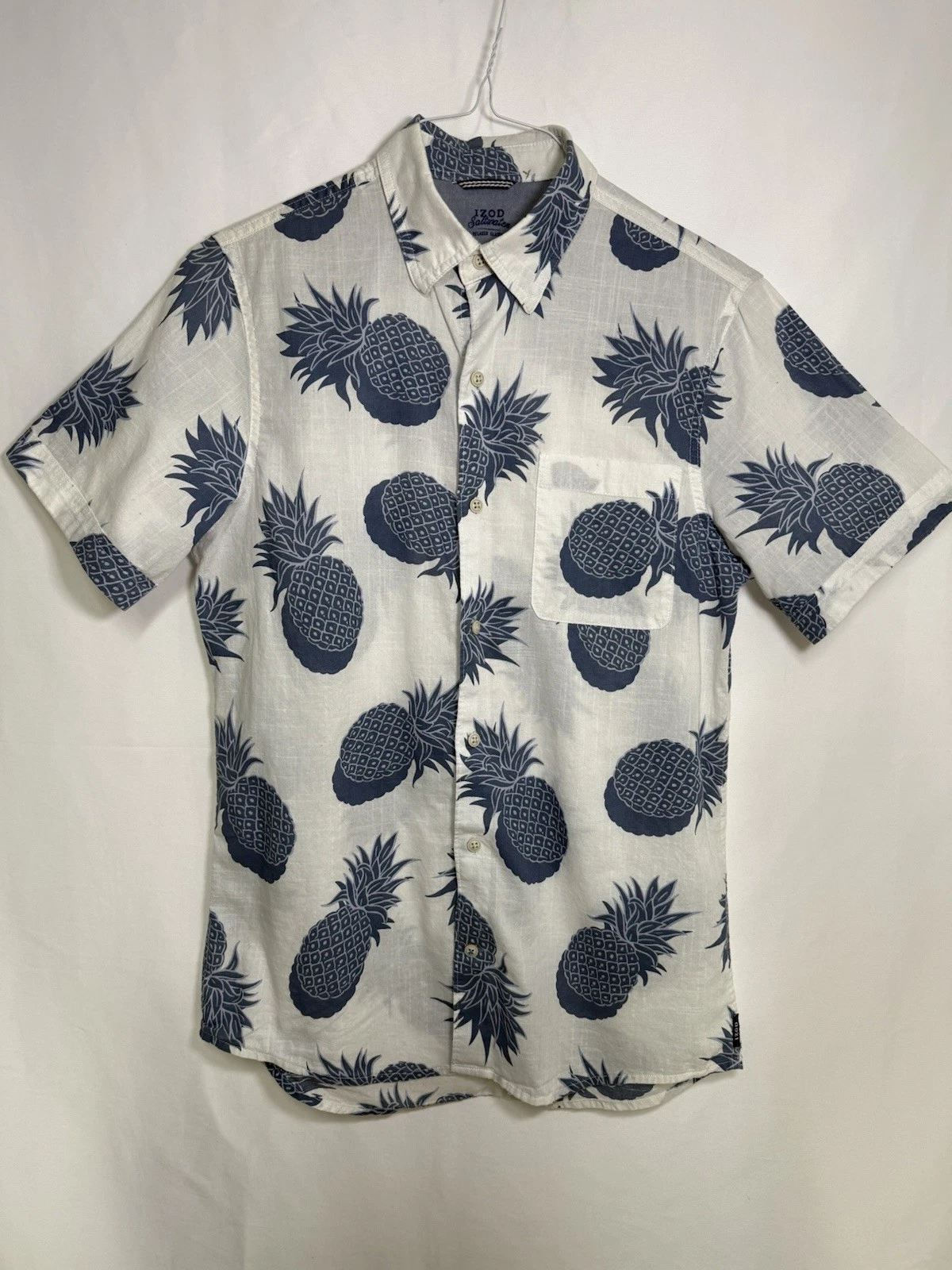 IZOD Saltwater Hawaiian Mens Shirt Relaxed Classics Blue Pineapple Print, Size S