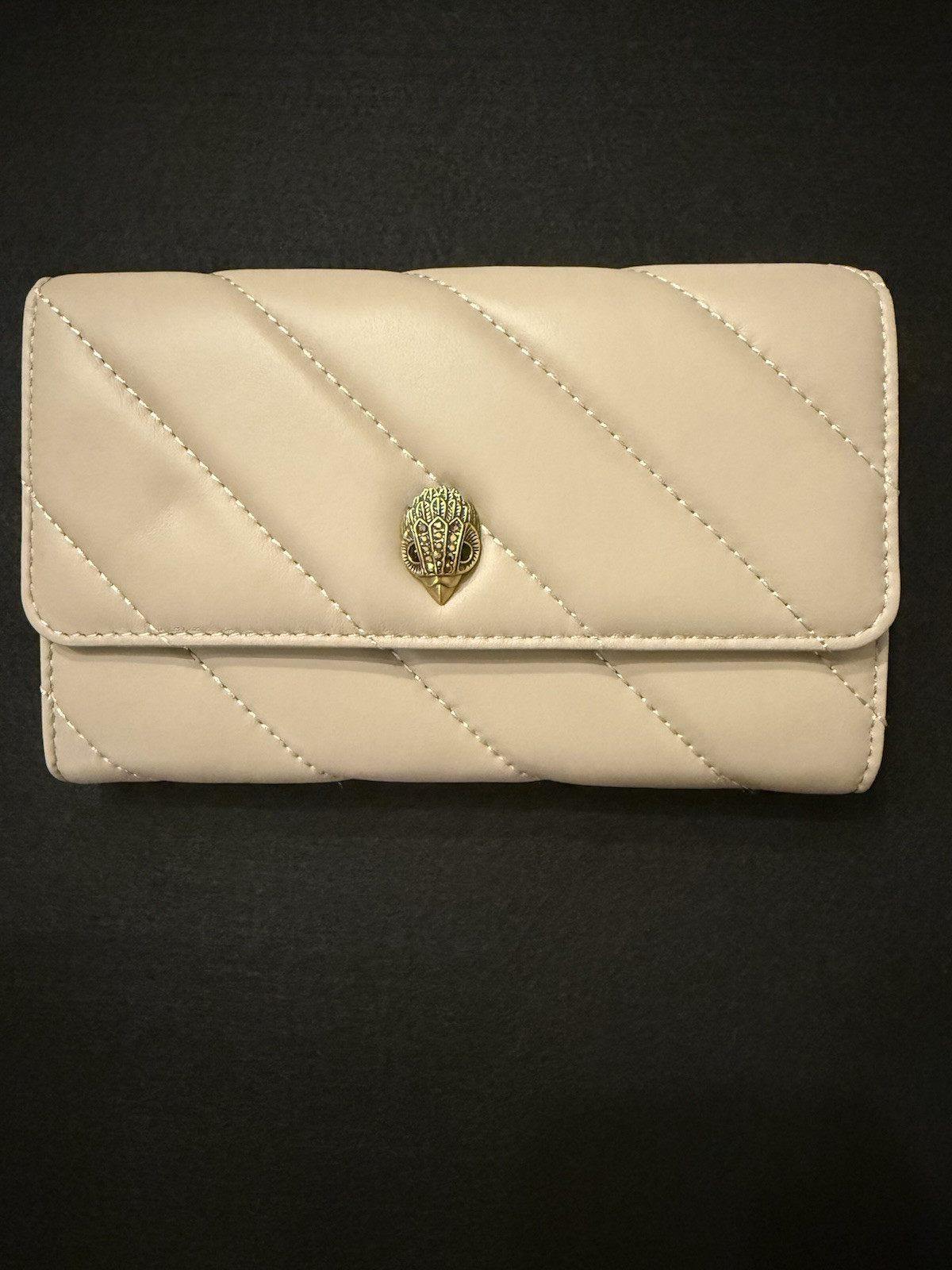 KURT GEIGER LONDON SOHO QUILTED LEATHER CHAIN WALLET CROSSBODY IN TAUPE