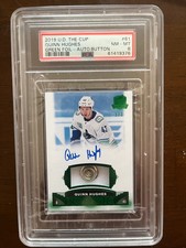 2019-20 Upper Deck The Cup Quinn Hughes Green Foil Auto /3 Button Rookie PSA 8