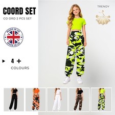 Girls Kids Neon Crop Top Army Camo Print Alibaba Harem Pants 2 Pcs Dance Sets