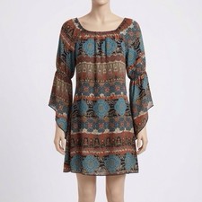 Women’s Peasant Dress SZ M Mini Tunic 3/4 Sheer Bell 3/4 Sleeves Lined