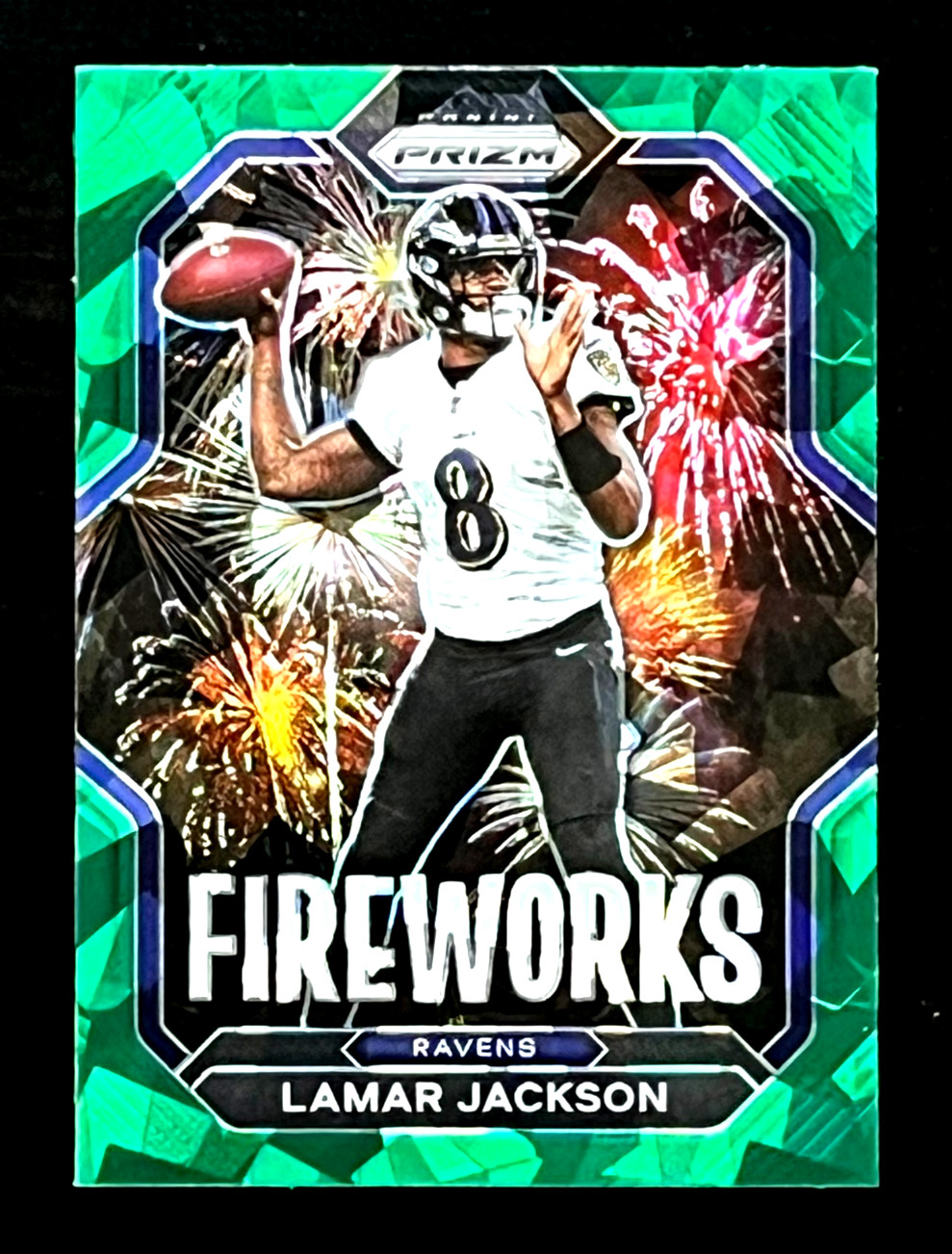Lamar Jackson 2022 Panini Prizm FIREWORKS Green Cracked Ice Ravens #F-7
