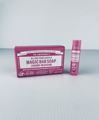 Dr. Bronner's Limited Edition Cherry Blossom Non-GMO Soap Bar & Organic Lip Balm