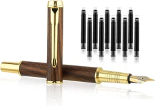 Vintage Wooden Fountain Pen Set, 0.5Mm Fine Nib with 10Pcs 2.6Mm Ink Cartridges