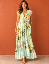 FARM RIO FROM BRAZIL Mint Green Floral V-Neck Sleeve Adjustable Maxi Dress M