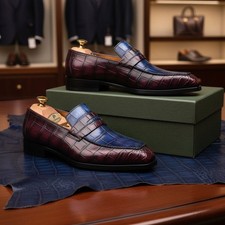 Paul Parkman Men's Blue Purple Crocodile Textured Leather Penny Loafers E654