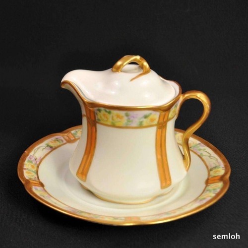J&C Jaeger & Co Covered Syrup w/Underplate Handpainted Yellow Roses w/Gold 1912
