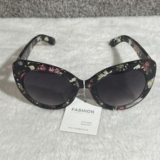 Womens Cat Eye Sunglasses Black Floral Frame Black Lens UV400 Retro