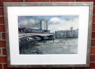 Denys George Wells RBA Aquarell Tusche Brutalist 70er London Waterloo Bridge
