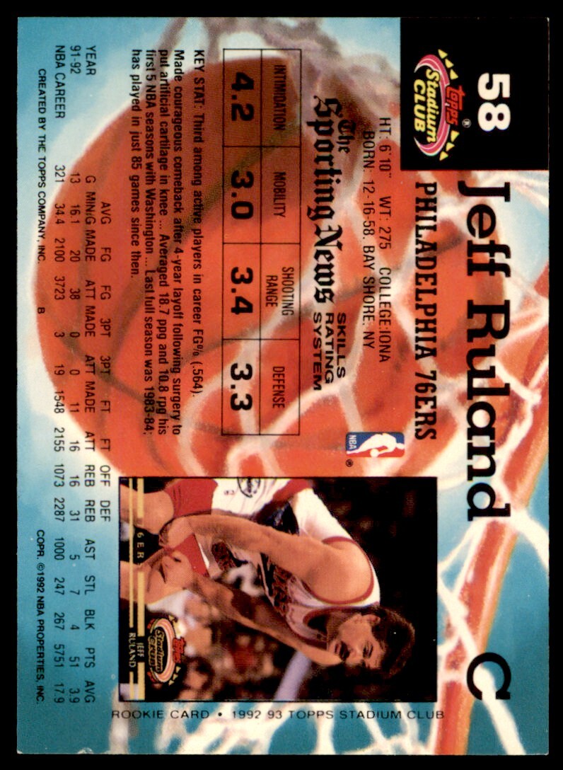 1992-93 Stadium Club Members Only #58 Jeff Ruland Philadelphia