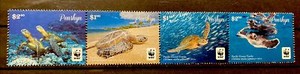 Penrhyn Island,green turtle S.C.#544, S.C.V.$11+ WWF Complete strip of 4