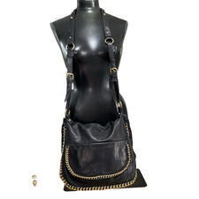 Sabina New York Fold Over Leather Crossbody Bag Women’s Large Black Gold Chain