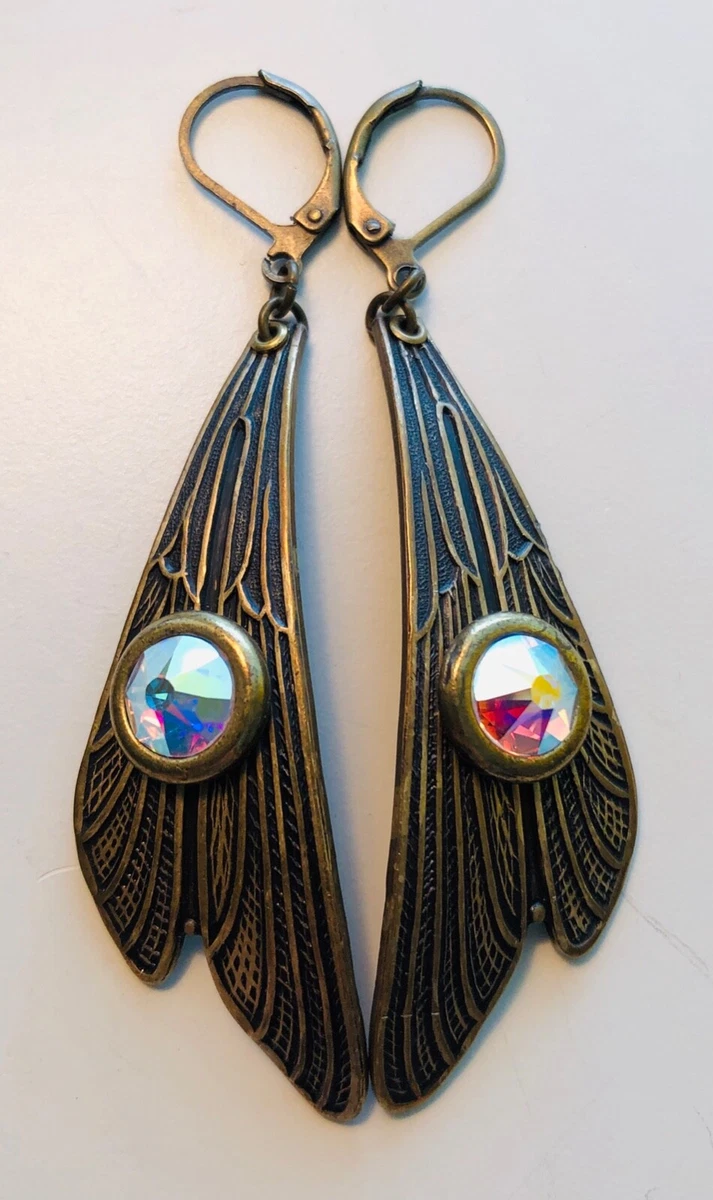 DRAGONFLY WING EARRINGS HANDMADE Brass WINGS SWAROVSKI Magical FANTASY Wing