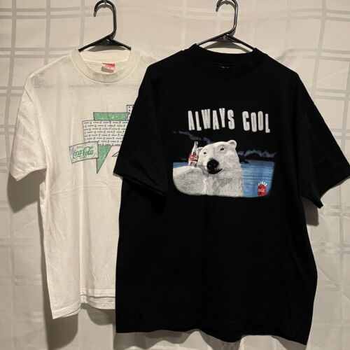 Vtg 80s Coca Cola Collectors T-Shirt Lot Of 2 Polar Bear Screen Print Mod Art