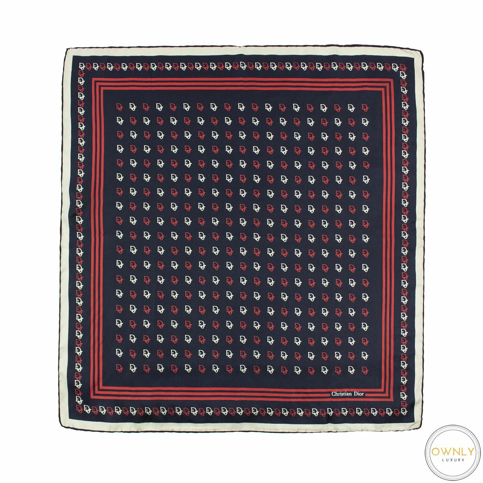 Christian Dior Blue Red White Silk Allover Logo Print Bordered Hand Roll Scarf