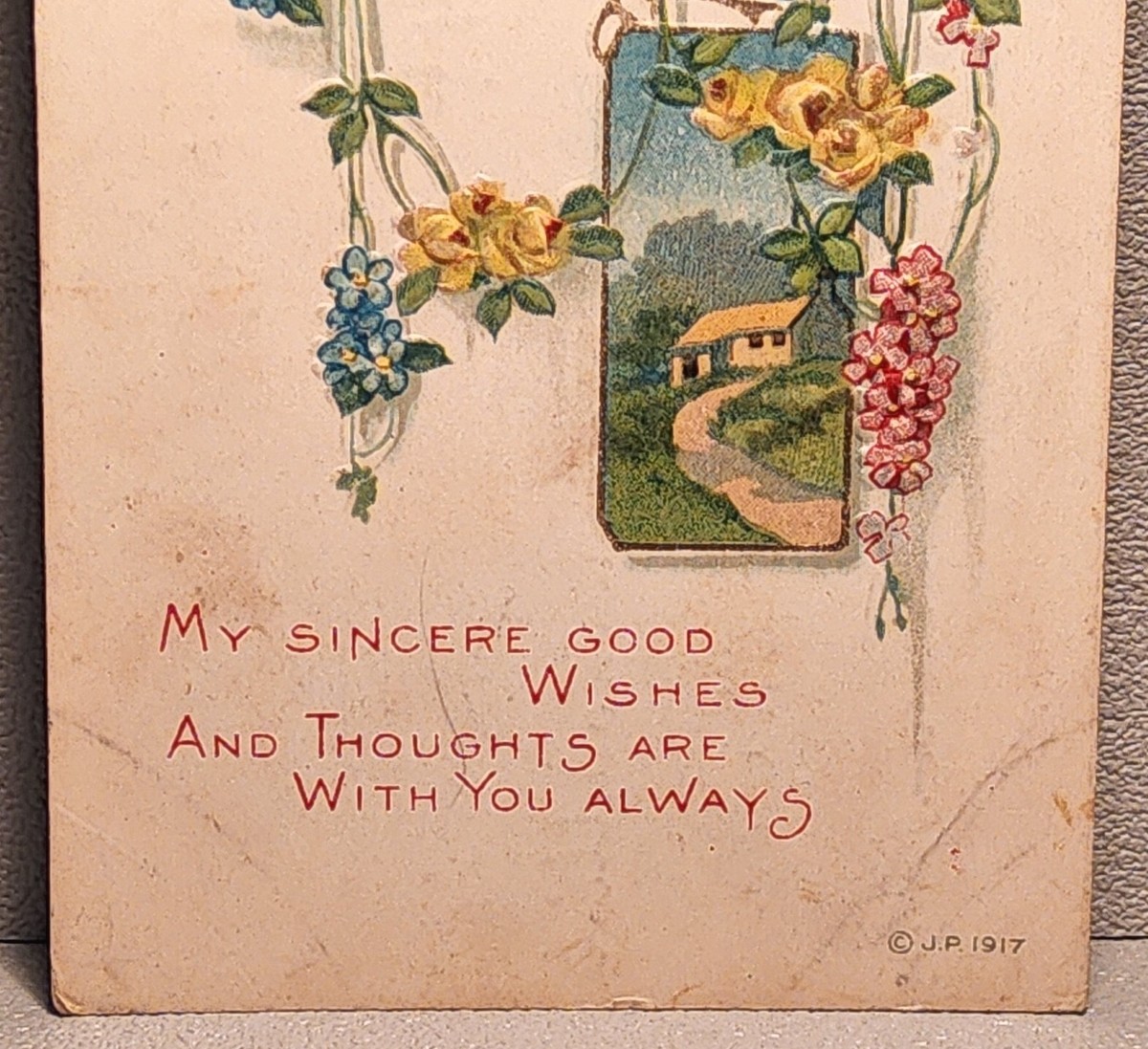 c1917~Happy Birthday Greetings Postcard~Floral with House Scene