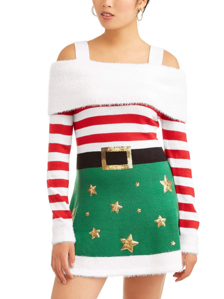 christmas elf sweater dress Ugly NWT Red And Green Dress with Soft Neckline XL sexy Kleid kurz while a warm scarf Satin Rust Discount UK Holiday outfit US Size:US 6