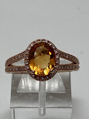 Halo-Ring 10 K Rotgold ovale Form Citrin und 0,20 kt Diamant Größe 7 neu