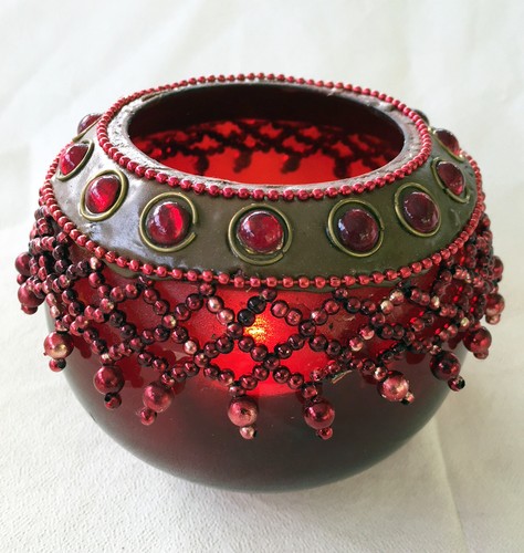 Red Tea Light Holder Cup Beaded Glass Candle Holder Votive Hand Made - Picture 3 of 4